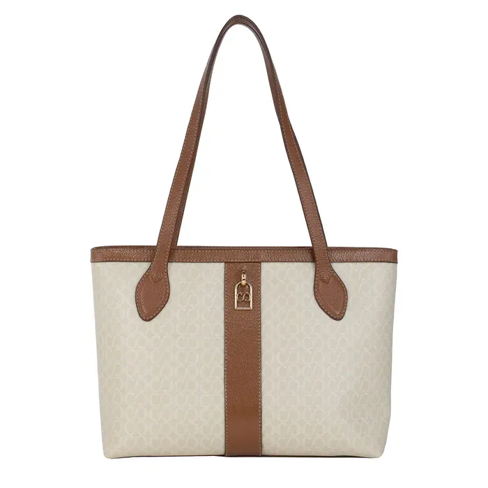 Bolsa shopping bag Classe Couro Canvas Allana feminina bege com detalhes em couro marrom vista frontal